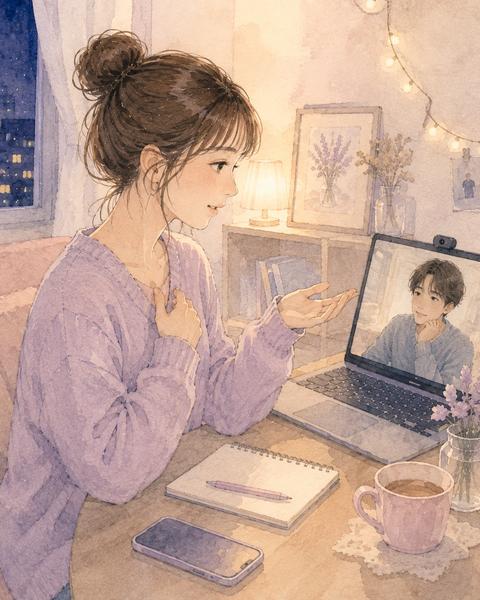 異性とのSNS交流について恋人と落ち着いて話す女性