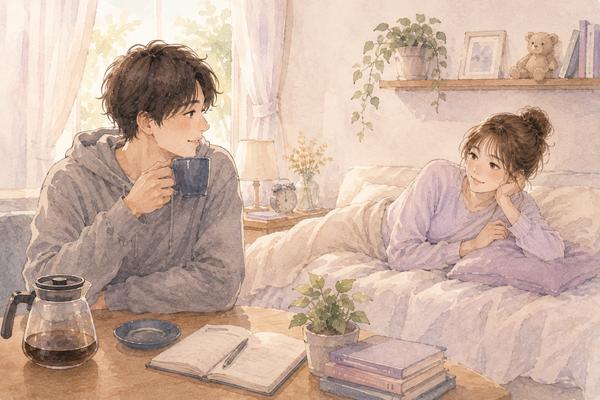 久しぶりに再会したカップルが部屋で穏やかな朝を過ごす場面