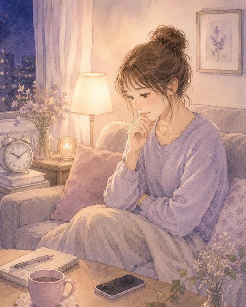 恋人とのメッセージで気持ちが高ぶりスマホを置いて落ち着こうとする女性