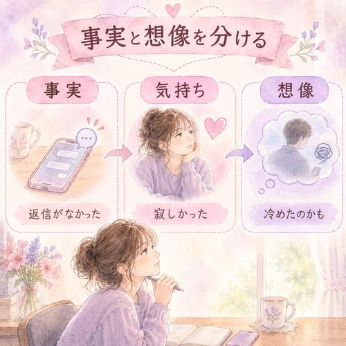 遠距離恋愛のすれ違いで事実・気持ち・想像を分ける図解