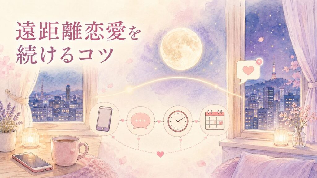 離れた二つの街と同じ月を描いた遠距離恋愛のイラスト