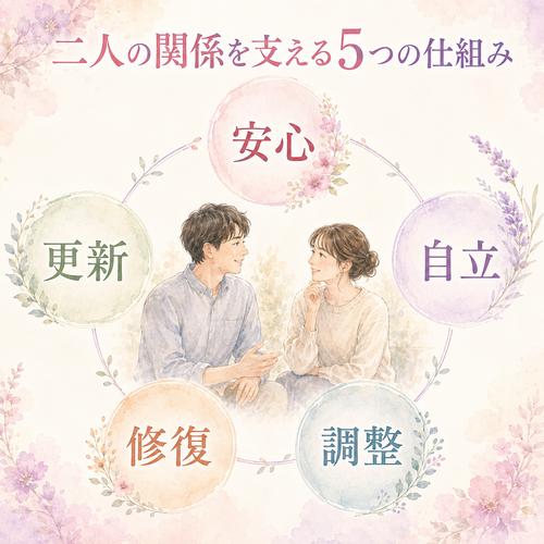 長続きする関係を支える安心・自立・調整・修復・更新の5要素の図