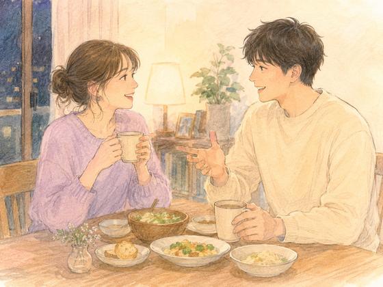 食卓で何気ない会話を楽しむカップル