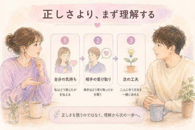 正しさを争わず相手の感じ方を聞いて調整する会話の流れ