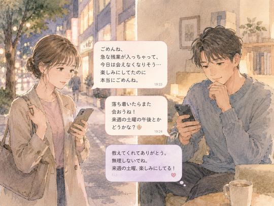 予定変更をスマホで丁寧に伝えるカップルの場面