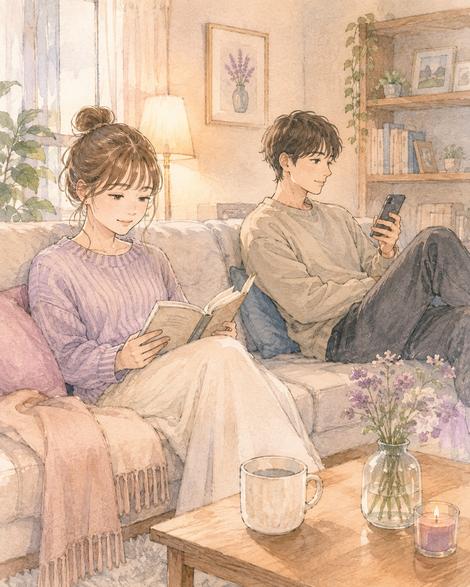 同じ部屋でそれぞれ自分の時間を過ごすカップル