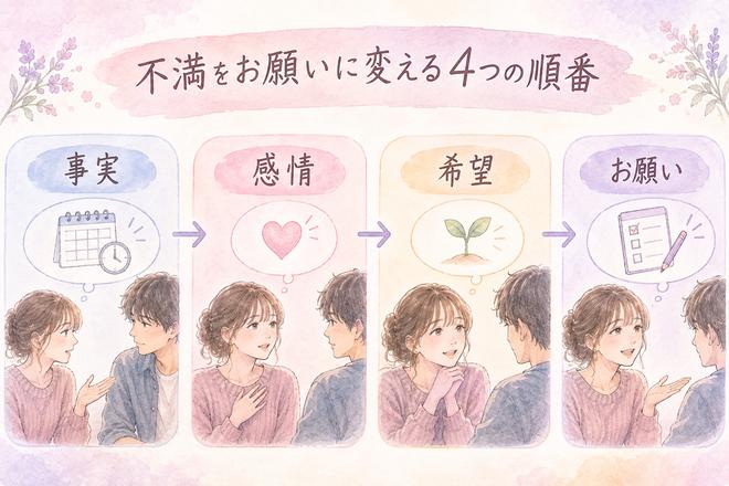 不満を事実・感情・希望・お願いの順に伝える4段階の図