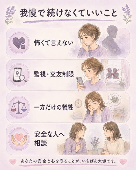 我慢して続けなくてよい関係のサインと相談先を示す注意図