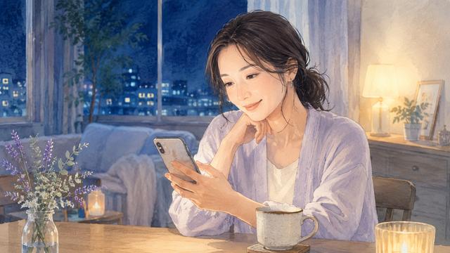 仕事終わりに安心した表情でLINEをする女性