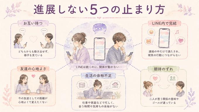 毎日LINEしていても関係が進展しない五つの理由を整理した図解