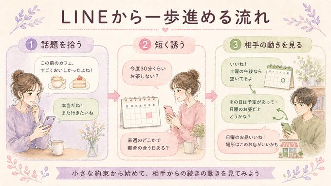 毎日LINEから自然に会う約束へ進める三段階の図解