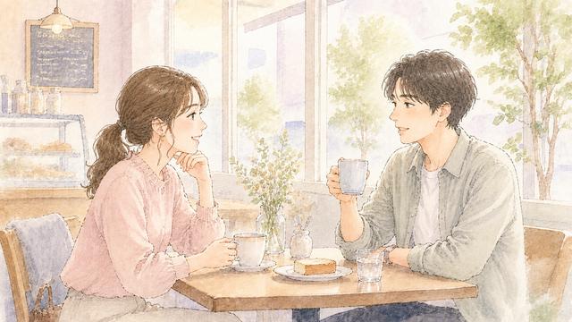 昼間のカフェで短時間のお茶をする二人