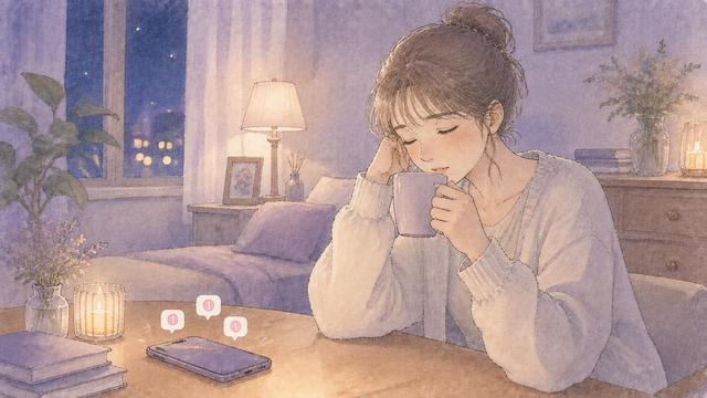 夜にLINEの通知を見て疲れを感じ、スマートフォンを置く女性