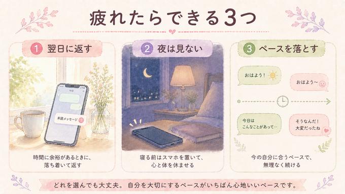 LINEに疲れたときにできる三つの距離の取り方を示した図解