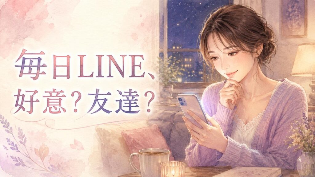 付き合っていない相手と毎日LINEを続けながら、好意か友達か迷う女性のイラスト