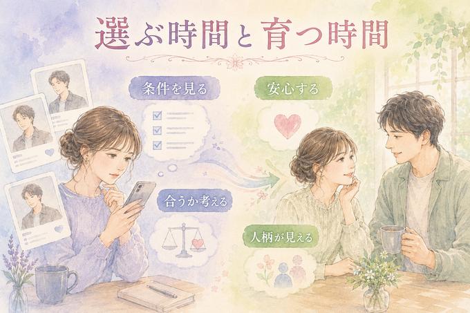 マッチングアプリで相手を評価する時間と関係が育つ時間の違いを示す図