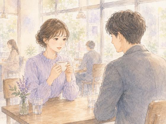 マッチングアプリの初デートで少し緊張しながらカフェで話す男女