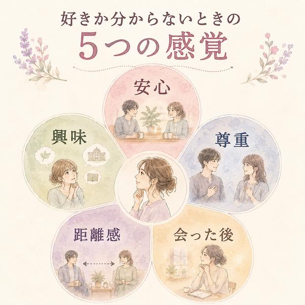 安心、興味、尊重、距離感、会った後の自分という5つの感覚を花びらで示した図