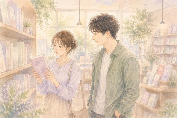 本屋を見ながら自然に会話するマッチングアプリの二回目デートの男女