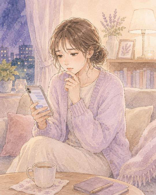 マッチングアプリで断りのメッセージを考えながらスマホを見る女性