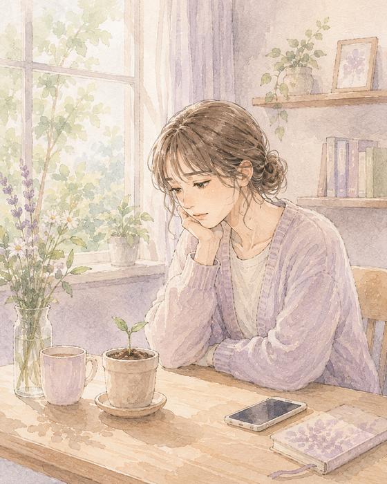 小さな芽を見つめながら自分の恋愛感情のペースを考える女性