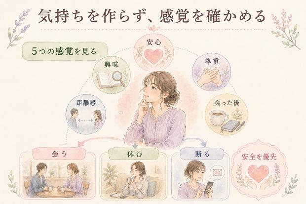 恋愛感情がわかないときの5つの感覚と3つの選択肢をまとめた図