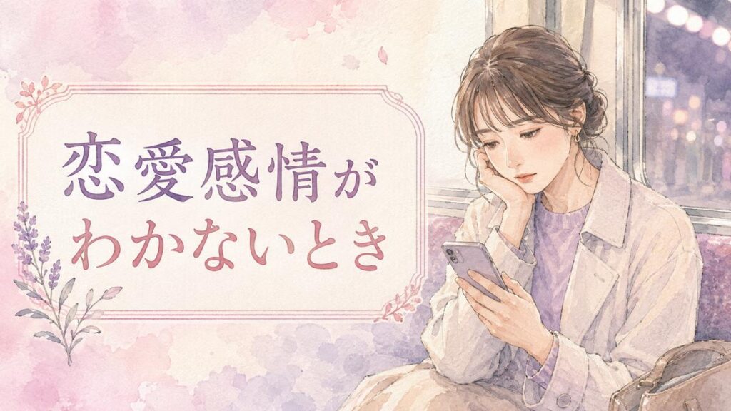 マッチングアプリのデート後にスマホを見ながら恋愛感情がわかず考え込む女性