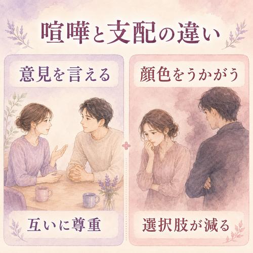 普通の喧嘩と繰り返される支配の違いを比較した図解
