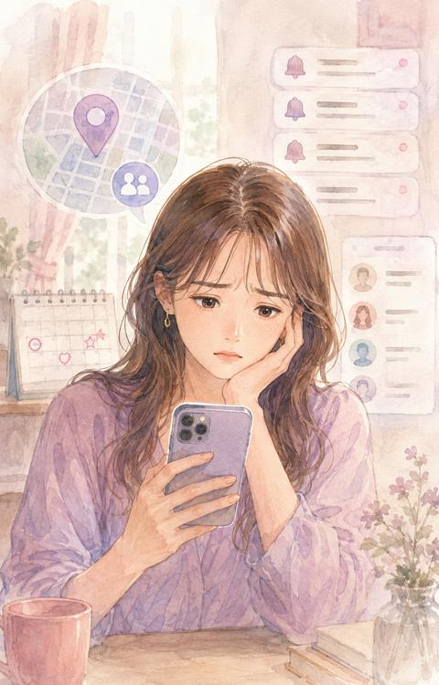 スマホの位置情報共有や連絡確認に戸惑う女性のイラスト
