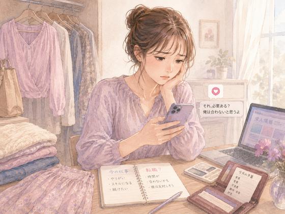 服装や仕事やお金の選択に迷う女性のイラスト