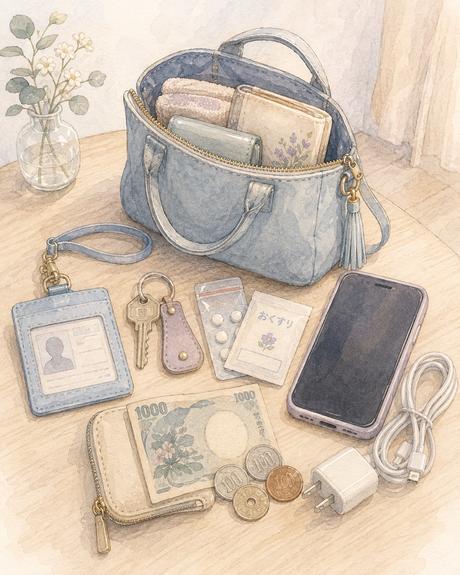身分証や鍵や薬など最低限必要な持ち物をまとめたバッグのイラスト