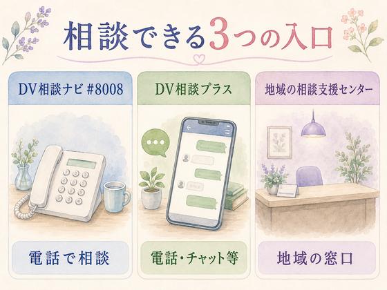 DV相談ナビ、DV相談プラス、地域の相談支援センターを整理した図解
