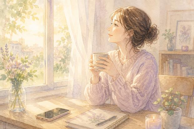 朝の光の中で自分の気持ちを確かめる女性のイラスト