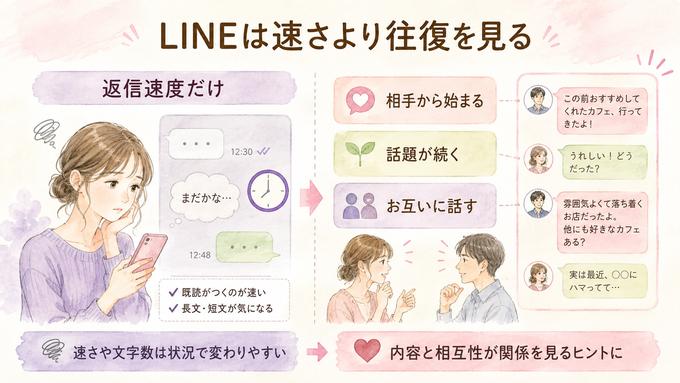 LINEの返信速度だけを見る場合と会話の往復を見る場合を比較した図解