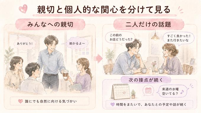 誰にでも向ける優しさと二人だけで続く個人的な関心を比較する図解