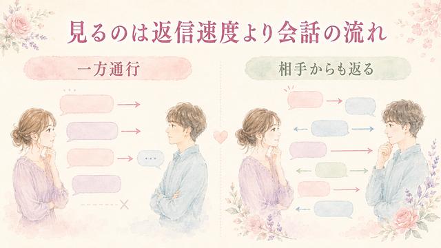 一方通行のLINEと相互に続くLINEの違いを示した比較図