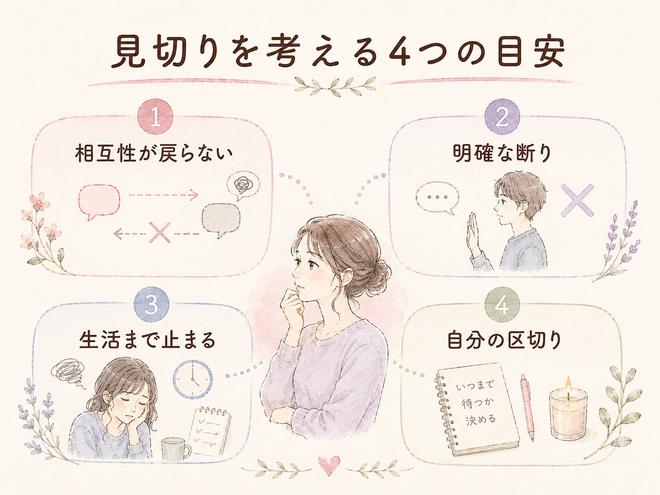 期待を続けるか迷ったときの4つの判断ポイントを示す図解