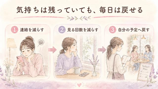 好きな気持ちを残しながら自分の時間へ戻っていく女性のイラスト