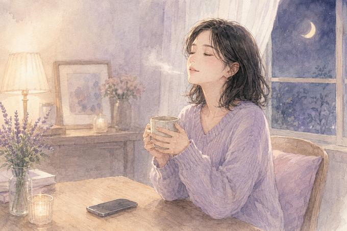 スマートフォンを伏せて温かい飲み物の前で気持ちを落ち着ける女性
