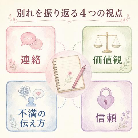 別れの原因を連絡や価値観など四つの視点で整理した図解