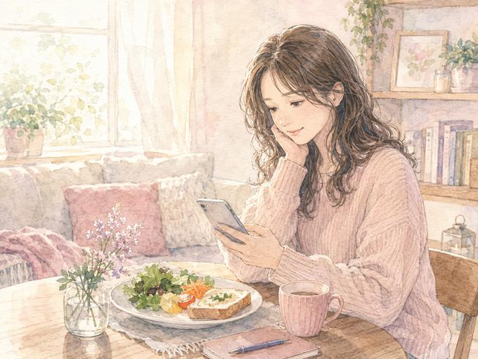 食事と休息をとりながら日常を取り戻す女性のイラスト