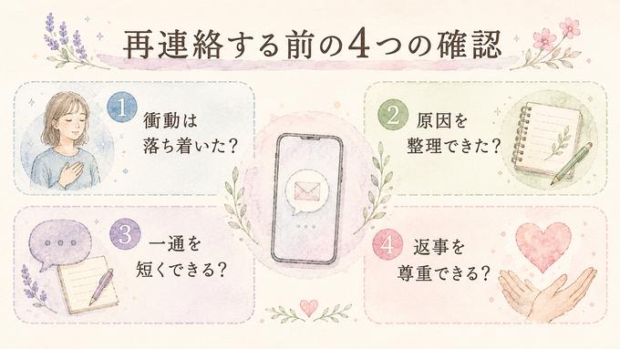 復縁の冷却期間後に連絡する前の四つの確認ポイントを整理した図解