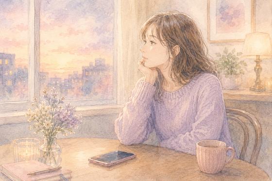 短いメッセージを送ったあとスマートフォンを置いて待つ女性