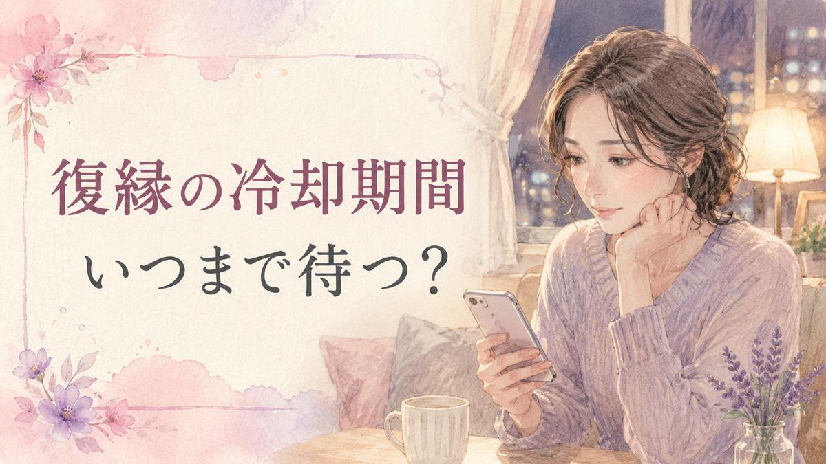 スマートフォンを手に復縁の冷却期間について考える女性のイラスト