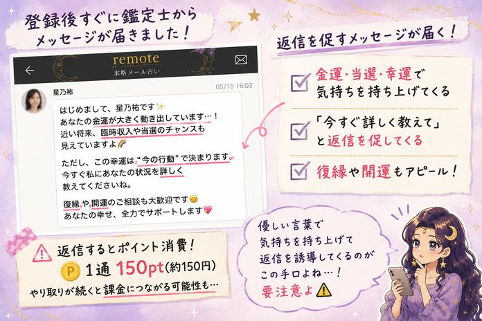 Remote(本格メール占い)で鑑定師から届いたメッセージと、返信を促してポイントを消費させる流れを検証する画像