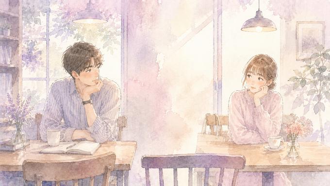 互いに気になりながらも声をかけるきっかけを待っている男女のイラスト