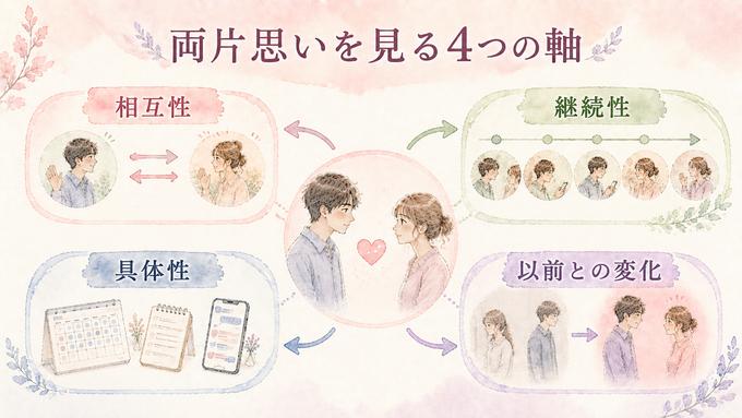両片思いを見極める相互性・継続性・具体性・変化の4つの軸を整理した図解