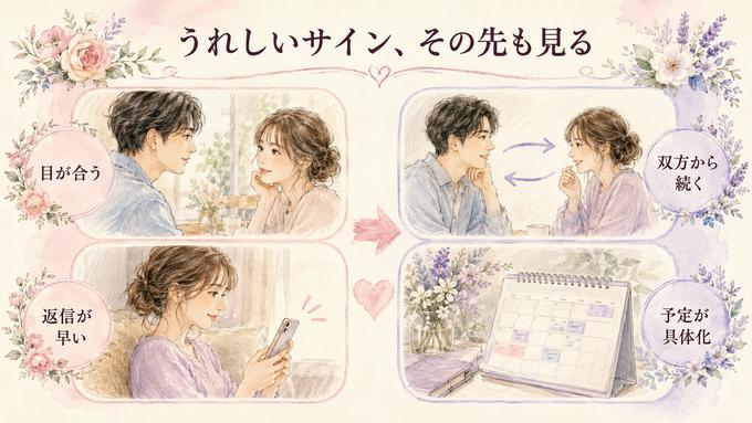 目が合う、返信が早いなどの単発サインと、相互性や継続性を含む関係の見方を比較した図解