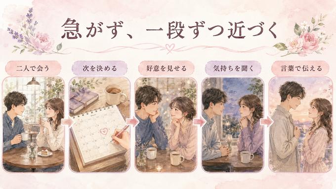二人きりの時間から気持ちを伝えるまで、両片思いを進展させる5段階を示した図解