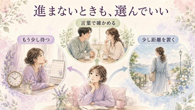 進展しない恋で、もう少し待つ、言葉で確かめる、少し距離を置くという三つの選択肢を示した図解
